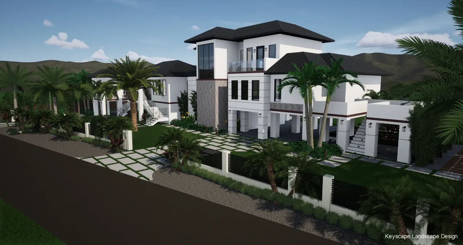 3D landscape design rendering of a modern Florida Keys estate with a paver-and-turf driveway and tropical palms
