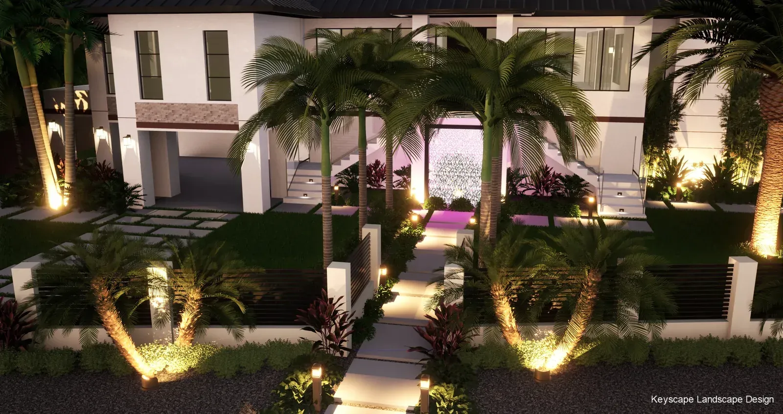 Landscape lighting design uplighting palms and a walkway at a Florida Keys estate at dusk